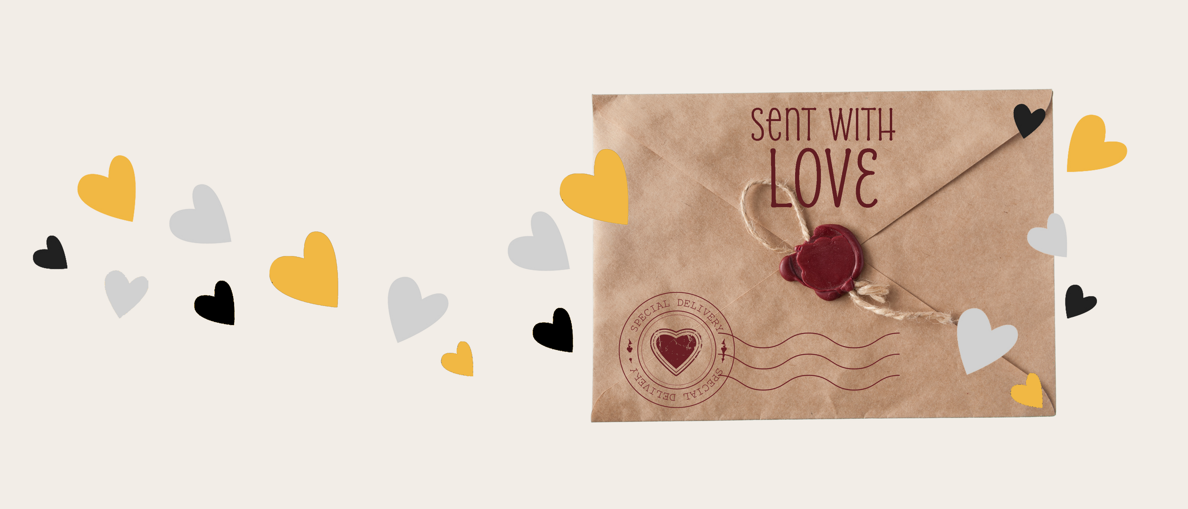 Kraft paper envelope with 'Sent with Love' text and heart stamp, surrounded by decorative hearts on a light background.