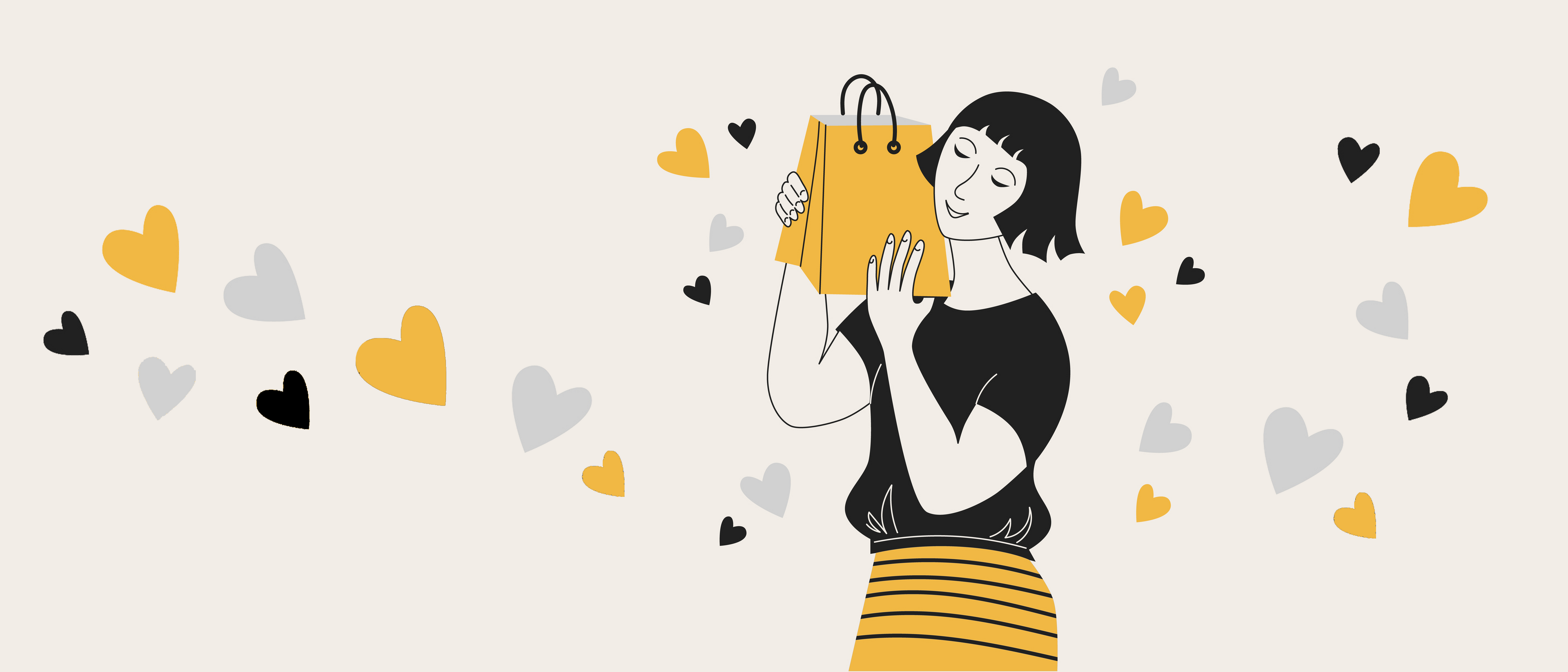 Illustration of a woman holding a shopping bag with hearts around her on a light background