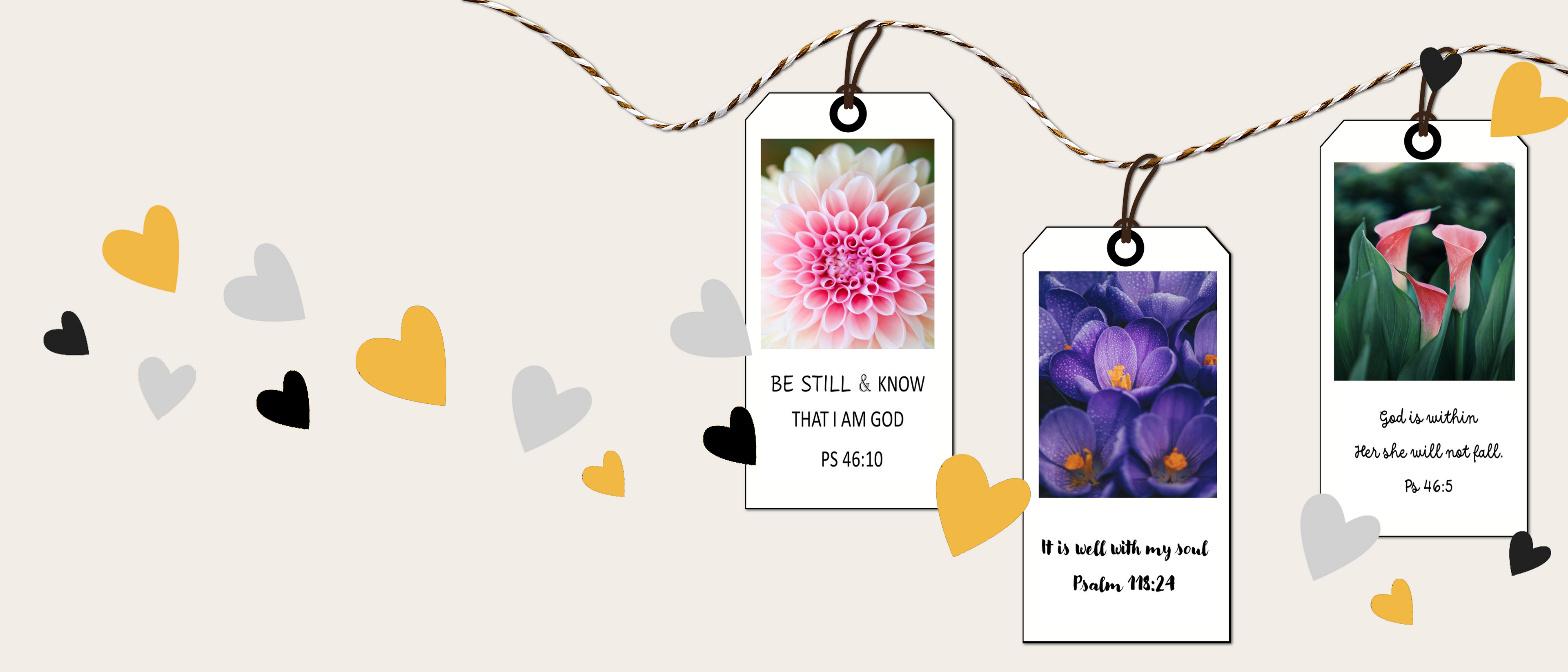 Decorative string with floral tags and heart-shaped decorations on a light background