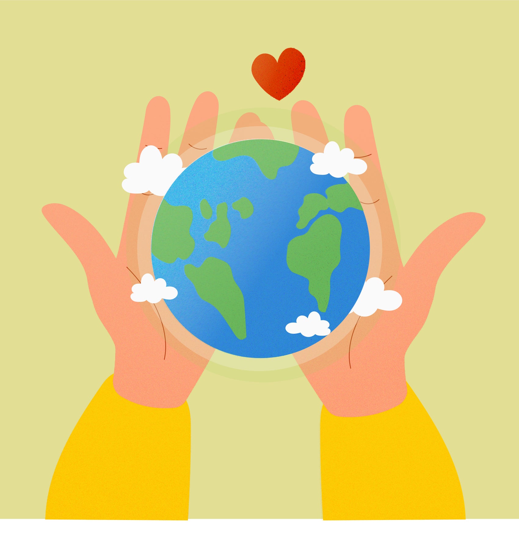 Illustration of hands holding a globe with a heart above on a light green background