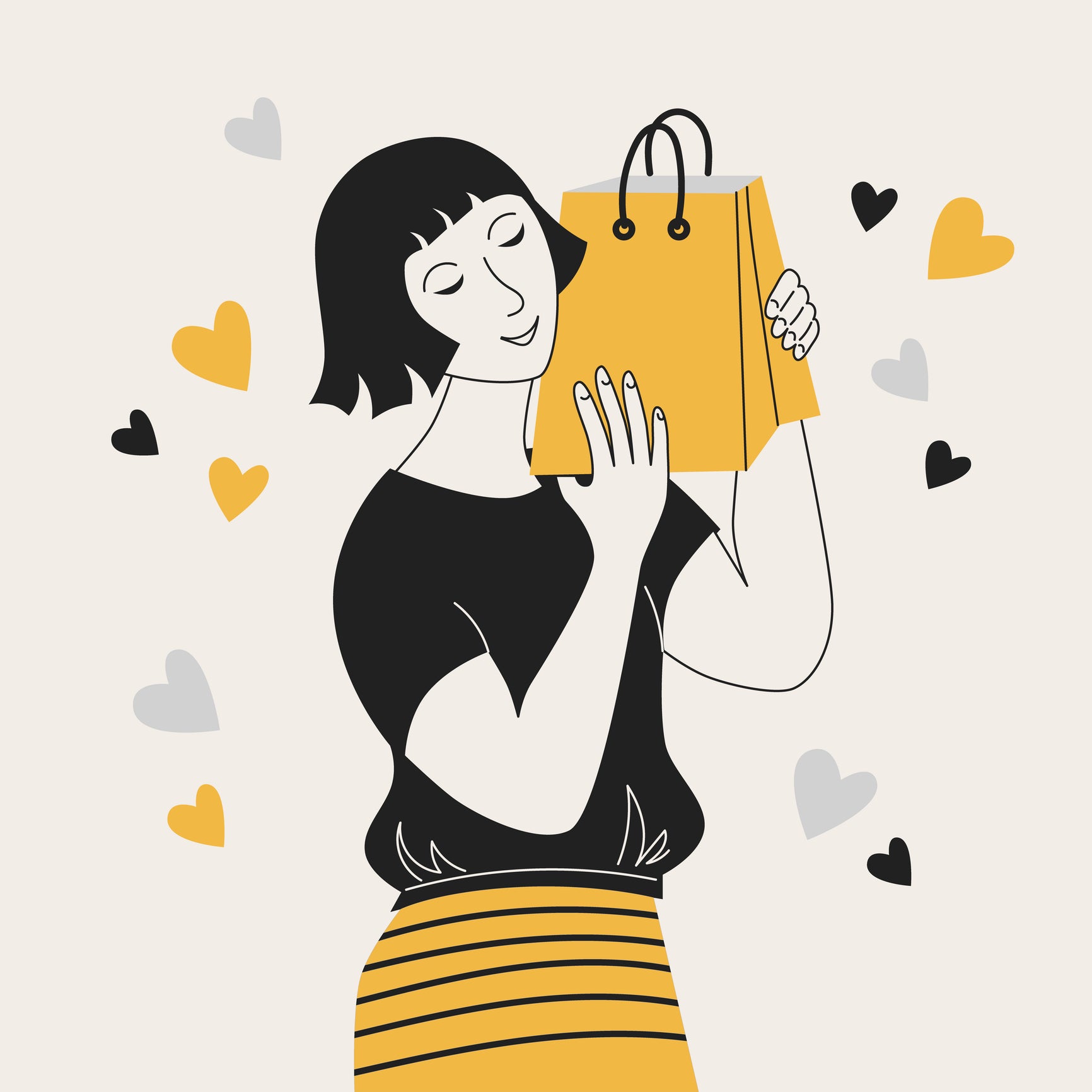 Illustration of a woman holding a yellow shopping bag with hearts around her on a light background